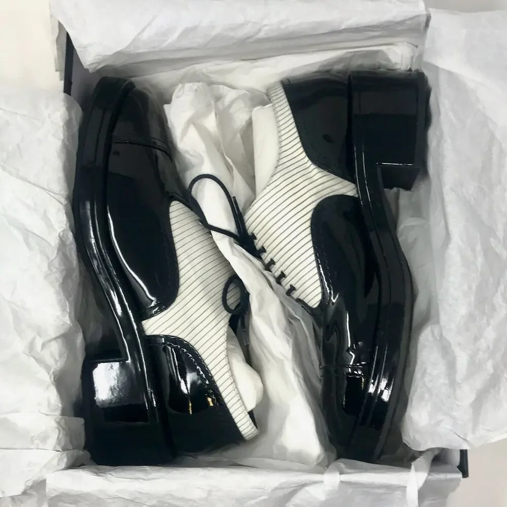 🪄100% Auth CHANEL Chunky Black Patent Pinstripe Lace Up Oxford Shoes sz 42 12 - Picture 8 of 14